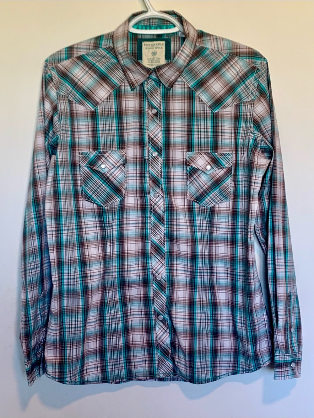 Panhandle Rough Stock Pearl Snap Cowgirl Longsleeve Turquoise Brown Medium west